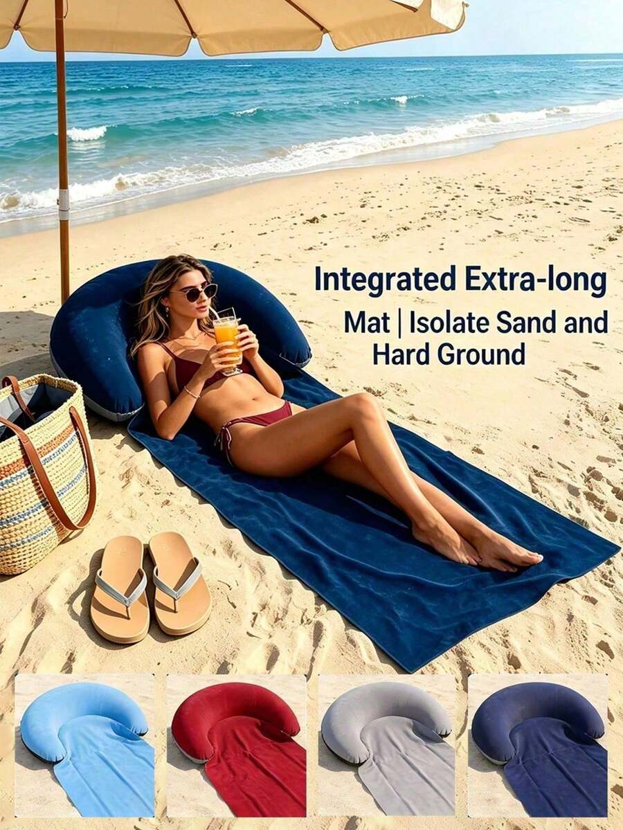 Inflatable Pillow Integrated Beach Mat, Foldable Sand-Proof Beach Blanket, Portable Outdoor Leisure Pad, Quick-Dry Waterproof Sun-Protection Mat, Suitable For Beach, Pool, Picnic And Camping - Multicolor - View 1