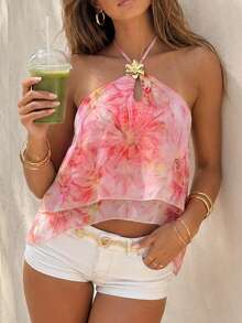 Débardeur à fines bretelles sexy pour femmes, col avec boucle métallique, panneau avant ajouré, ourlet superposé. Gilet de soirée, printemps/été - Rose bonbon - Voir 1