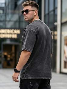 Plus Size Men's 2-Piece Set: Vintage Washed Black Bench Letter Print Plus Size T-Shirt - Black - View 4