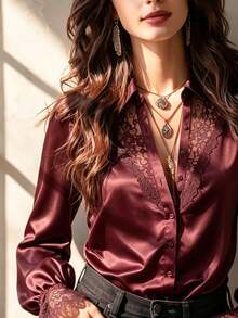 Vintage Women's Elegant Satin Blouse With Lace Ruffle Patchwork, Simple Elegant Retro Daily Long Sleeve Petal Sleeve Satin Commuter Blouse - Dark Red - View 3