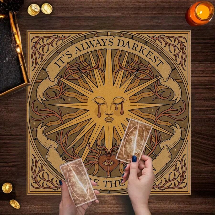 1pc Sun Moon Stars Tarot Tablecloth Divination Cloth Crystal Ritual Meditation Spiritual Ceremony Decor Party Cover - Black - View 1