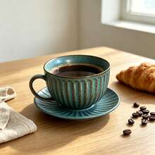 Aesthetic Retro Speckled Vertical Fluted Ceramic Cup & Saucer Set 250ml Standard Latte Tea Mug Vintage Turquoise Porcelain Table Decor For Breakfast Afternoon Tea Coffee Gift - Multicolor - View 9