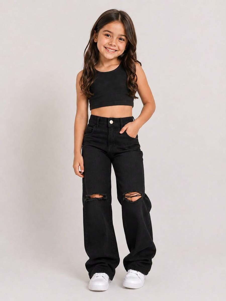 Calça jeans Wide Leg preta rasgada no joelho - Preto - Visão 1