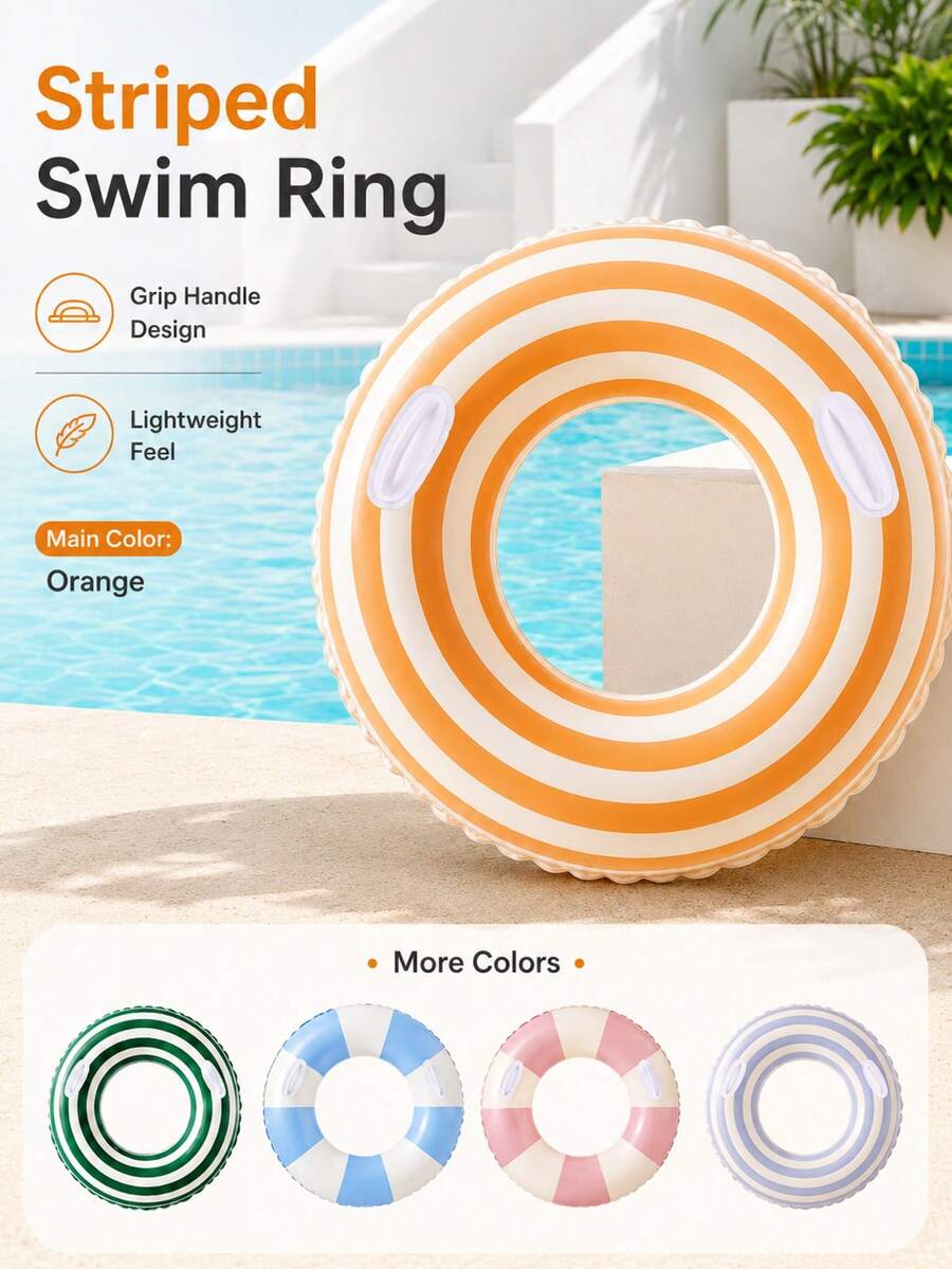 Striped Inflatable Swim Ring With Handle, PVC Pool Float, Suitable For Beach, Pool Party And Summer Activities, Fashionable Photo Decoration Water Accessory