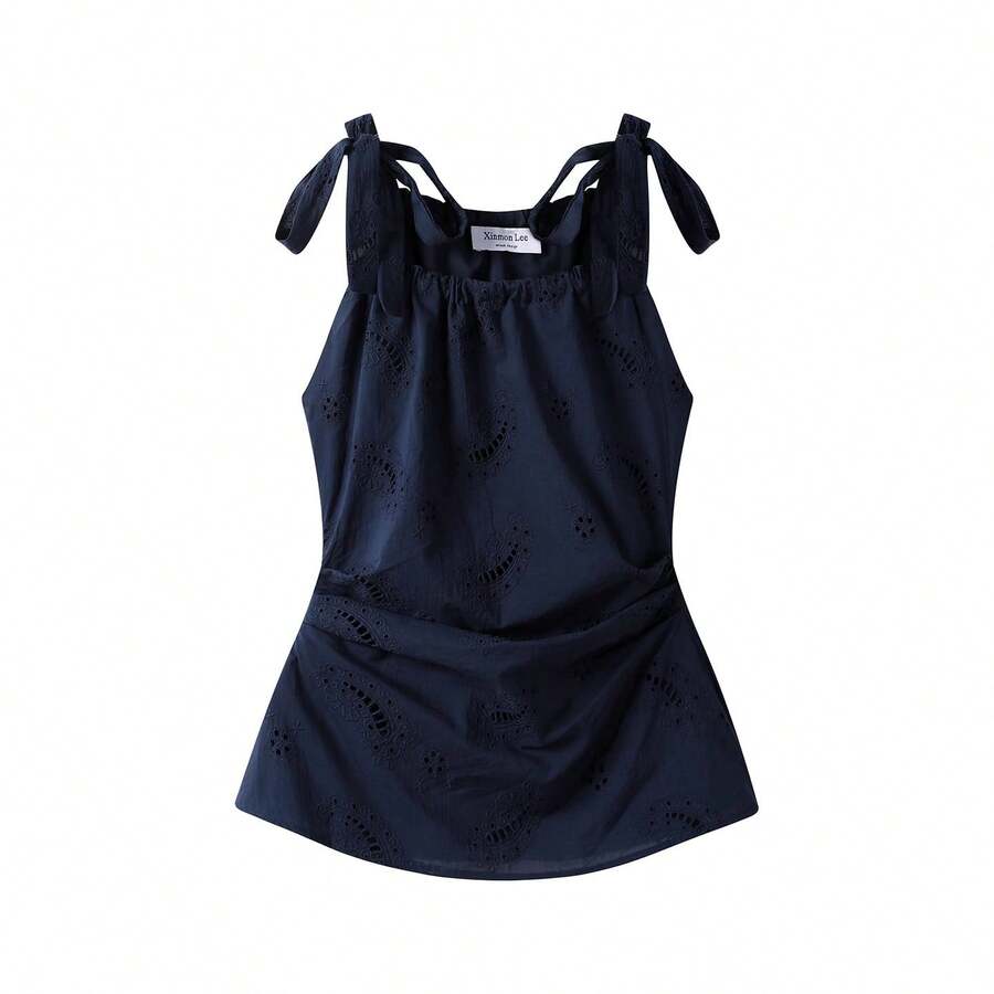 Sweet & Spicy Slimming Vibe 無袖上衣,純色棉質刺繡細肩帶背心,適合晚間約會、度假、日常穿著,夏季款 - 寶藍色 - 查看 1