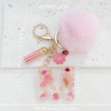 1pc Pink Glitter Letter Keychain (A-Z) - Dried Flower Shell Resin Letter Charm With Pop Pom Pom, Leather Tassel And Oil-Drip Daisy Beetle Accessory, Fashion Key Ring, Suitable For Bags/Cars, Cute Gift For Women And Mothers - Multicolor - View 12