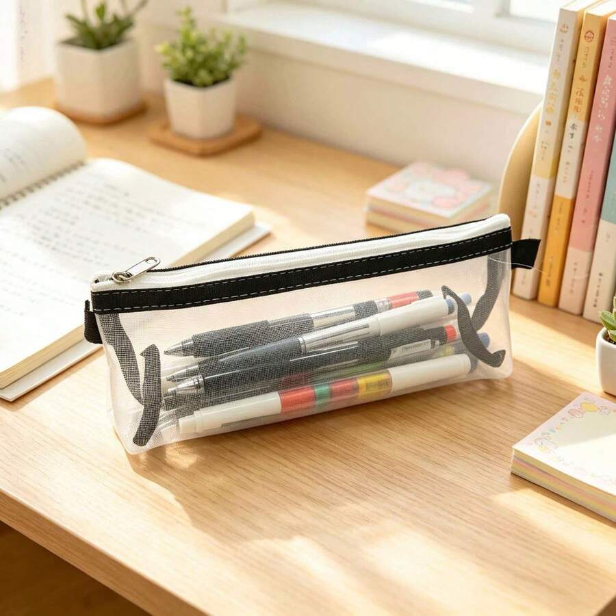 Minimalist Fresh Mesh Triangle 3D Pencil Case Transparent Mesh Pencil Bag Universal Large Capacity Stationery Storage Bag Suitable For Pens And Makeup Brushes - White - View 1