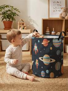 1pc, Round Storage, Extra Large Capacity Foldable, Durable, Space Pattern Printed Large Capacity Foldable Round Storage Basket, With Handle, Baby Room Multi-Purpose Storage Basket, Baby Sundries Organization Storage Basket Large Capacity Storage Box, Baby Room Storage, Baby Supplies Storage, Diaper Storage, Clothing Storage, Baby Supplies Sundries Storage, Multi-Purpose Storage Box, Foldable Baby Supplies Storage Box - Multicolor - View 8