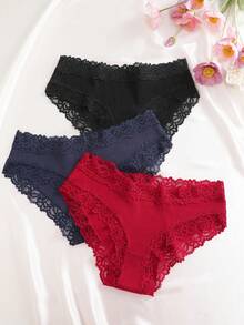 3件組純色棉質羅紋蕾絲拼接性感舒適女款三角內褲 - 彩色 - 查看 4
