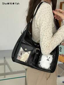 2026 New Japanese Y2K Fashion Shopping Casual Minimalist Street Commute Large Capacity Women's College Style Transparent Badge Bag Shoulder Bag Crossbody Bag (Does Not Include Pendant Doll Postcard) - Black - View 2