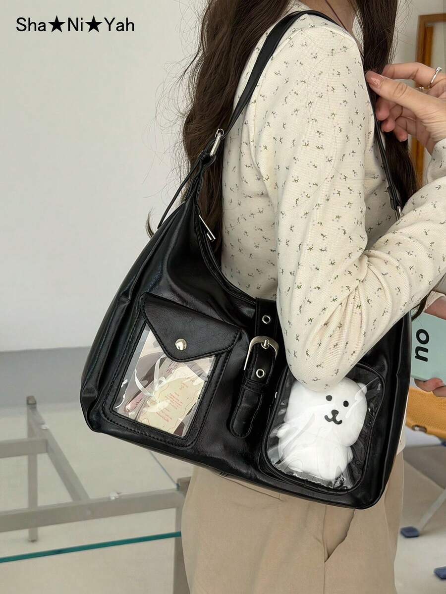 2026 New Japanese Y2K Fashion Shopping Casual Minimalist Street Commute Large Capacity Women's College Style Transparent Badge Bag Shoulder Bag Crossbody Bag (Does Not Include Pendant Doll Postcard)