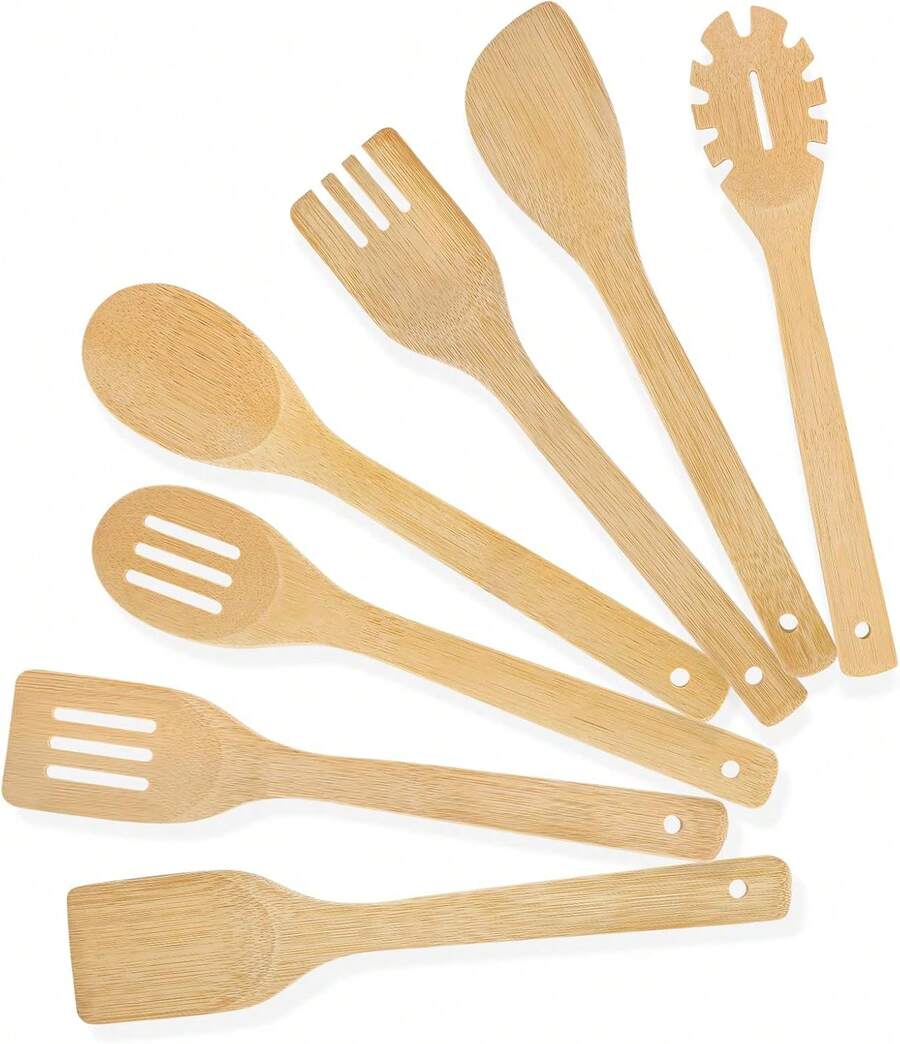 [7-PCS] Wooden Spoons For Cooking Is For All Kitchen Made From Bamboo Wood, Wooden Spatula &Amp; Wooden Spoon 118 In And Non-Stick Surface, Suitable For Home &Amp; Chef Use Or Gift For Someone Special - ColorA - View 1