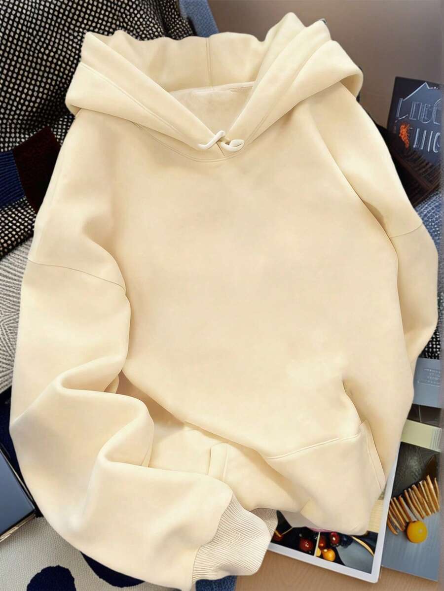 Solid Color Blank Loose Sweatshirt, Minimalist All-Match Drawstring Kangaroo Pocket Pullover Sweatshirt, Minimalist Street Casual Long Sleeve, Versatile Layering Daily All-Match Top - Apricot - View 1