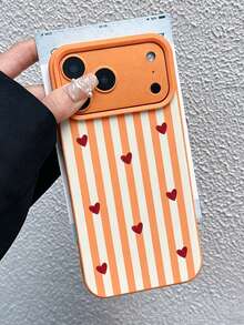 Phone Case: Fashionable Personalized Orange & Pink Striped Heart Phone Case, Anti-Slip Anti-Fall Protective Shell, Compatible With IPhone 18/18Pro/18ProMax/17/17Pro/17ProMax/16/16Pro/16ProMax/15/15Pro/15ProMax/14/13/12/11, French Aesthetic Soft TPU Protective Shell, Designed For Women - Orange 1 - View 3