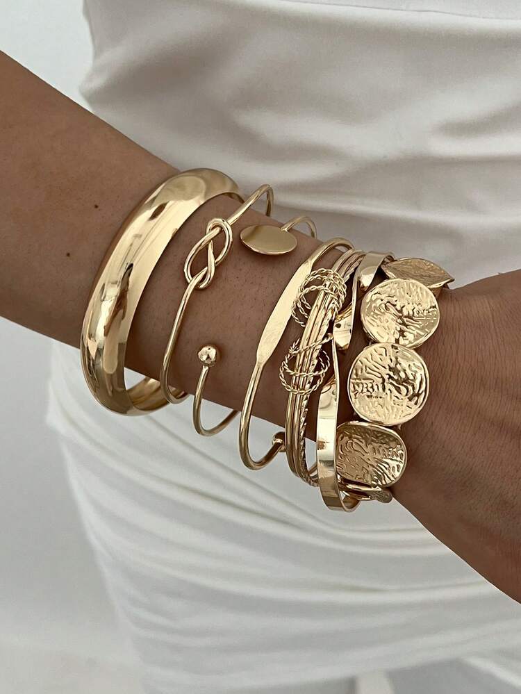 7/1pc Vintage Punk Style Exaggerated Open Cuff Bracelet Elastic Round Disc Bracelet Set Suitable For Women Daily Wear Party Date Vacation Outfit Layering Holiday Gift Perfect Choice Women Bracelet - Gold - View 2