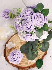 30/25/10/1朵仿真玫瑰花帶莖，適合DIY婚禮花束、桌花裝飾、派對、嬰兒洗禮、居家裝飾，OPP袋包裝（不含盒子） - 紫色 - 查看 2