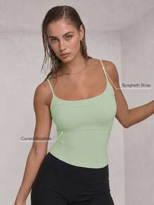Sodalemon Women's Adjustable Spaghetti Strap Sports Tank Top, Elastic Detachable Lining, Solid Color Yoga Training Fitness Activity Casual Gym Top - Mint Green - View 2