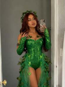 Women's Halloween Poison Ivy Costume Green Sequin Leaf Vine Strapless Bodysuit With Long Gloves And Sheer Train Forest Fairy Cosplay Party Outfit - Green - View 1