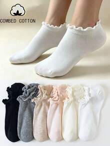 5/6 Pairs Women's Ruffle Edge Cotton Socks, Invisible Socks, Ankle Socks, White Socks, Grey Socks, Black Socks, Women's Socks, Cute Socks, Girls' Socks, Suitable For Autumn/Winter/Spring/Summer, Breathable Mesh Detail, Moisture-Wicking, Soft And Smooth, Suitable For Vacation, Sports, Casual, Business And Daily Wear, Random Color Combination - Multicolor - View 6