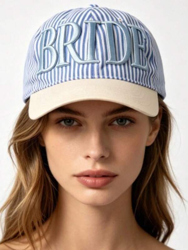 Bride 3D Embroidered Baseball Cap Women Blue White Striped Colorblock Curved Brim Adjustable Dad Hat For Bachelorette Bridal Shower Party Casual Wear