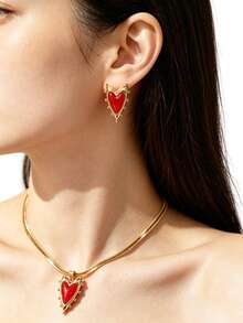 Y2K Sweet & Cool Red Enamel Heart Stainless Steel Jewelry Set, Studded Texture Heart Earrings & Snake Chain Necklace, Valentine's Day Graduation Photo Layering Set, Niche Contrast Gold Ear Studs, Independence Day Evening Candlelight Date Elegant Atmosphere Accessories - Multicolor - View 5