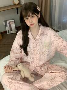 2 peças/Conjunto Pijama Feminino, Conjunto de Roupa de Descanso, Cardigan Confortável com Gola Lapela, Estampa Assimétrica do Oriente Médio, Manga Longa, Calça Longa, Adequado para Todas as Estações - Rosa chiclete - Visão 1