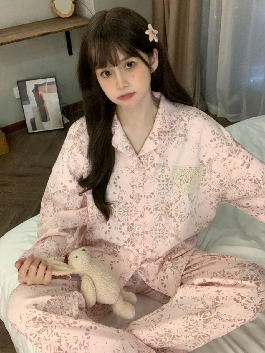 2 peças/Conjunto Pijama Feminino, Conjunto de Roupa de Descanso, Cardigan Confortável com Gola Lapela, Estampa Assimétrica do Oriente Médio, Manga Longa, Calça Longa, Adequado para Todas as Estações - Rosa chiclete - Visão 1