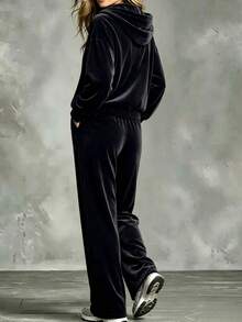 Plus Size Women, Minimalist Solid Color Casual Velvet Hooded Zip-Up Jacket + Wide Leg Pants 2-Piece Set, Loose Fit Slimming High-End Casual Outfit, Suitable For Daily Wear, Home And Commute - Black - View 2