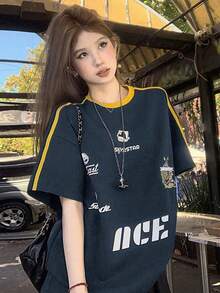 Women's Loose Striped Colorblock Letter Print Short Sleeve T-Shirt, Versatile Summer Top Casual - Navy Blue - View 1