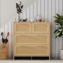 High-Quality Rattan Storage Unit With 4 Drawers And Solid Wood Handles - Suitable For The Bedroom, Living Room, Dining Room, Hallway - Dimensions: W 80 X H 80 X D 38 Cm - Natural Color - View 2
