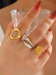 3pcs Stainless Steel Minimalist Geometric Oval Sun Ring Set Suitable For Women's Daily And Holiday Wear - Multicolor - View 6