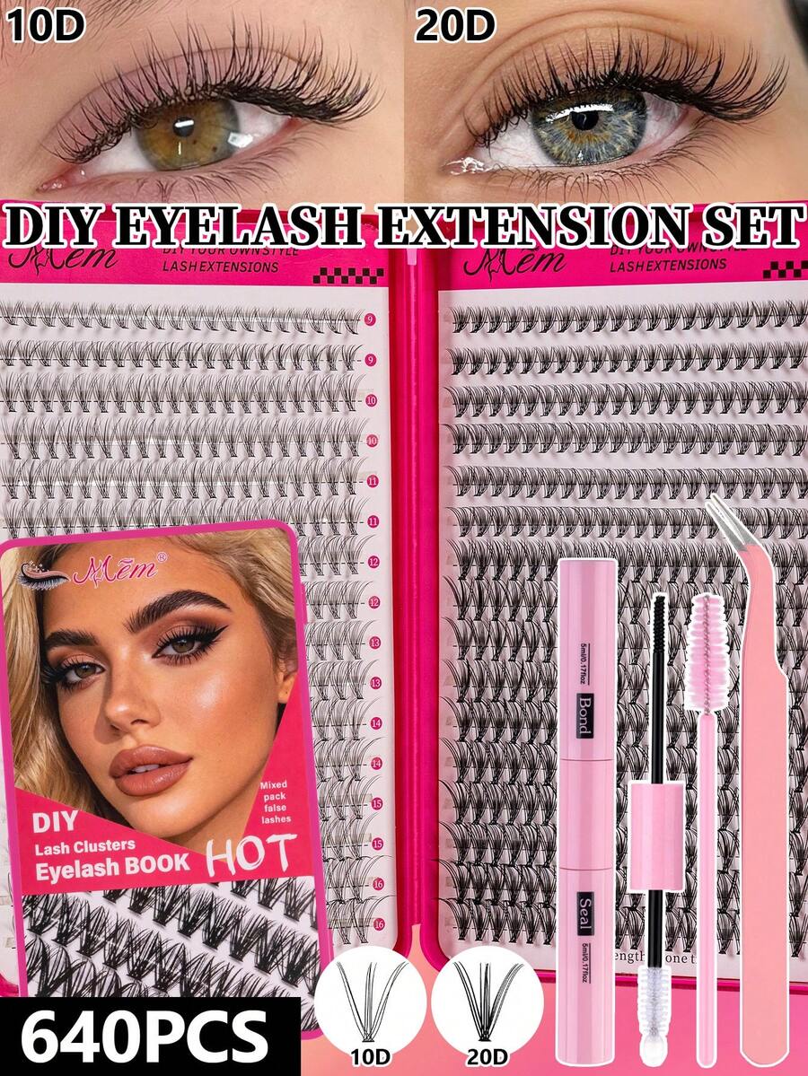 MEM 640/576/416 Stück D-Curl Kunstnerz Cluster Wimpern, 9-16mm gemischte Länge, dick, flauschig, leicht, wiederverwendbar, DIY Einzelwimpern für alle Make-up-Stile, optional Kleber, Entferner & Pinzette, kostengünstiges Anfänger-Wimpern-Set für alle Anlässe