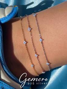 1pc 925 Sterling Silver Elegant Floral Anklet, Exquisite Women's Jewelry, Suitable As Ball/Party Gift, Birthday/Date Gift, Daily Wear, Or Perfect Holiday Gift - Blue Diamond Flower Anklet - View 1