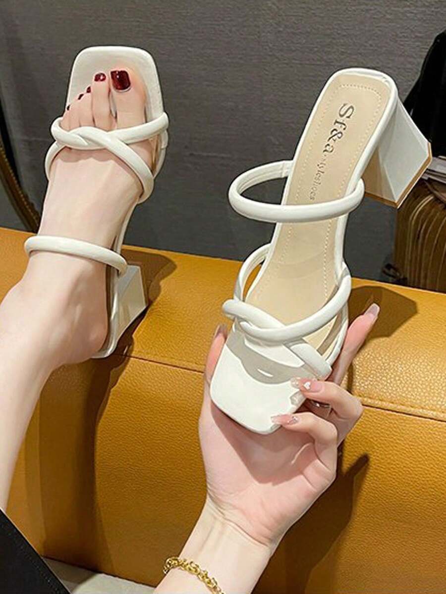 Sandalias de tacón grueso para con elegante diseño girante con tacón grueso Zapatillas de tacón alto retro estilo hada con tacón grueso para mujer - Beis - Ver 1
