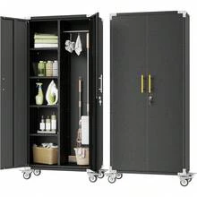 Broom Closet Garage Storage Cabinet With Wheels, 71" Metal Cleaning Cabinets With Hooks And Hanging Rods, Tall Freestanding Lockable Tool Variant 1 - None - View 1