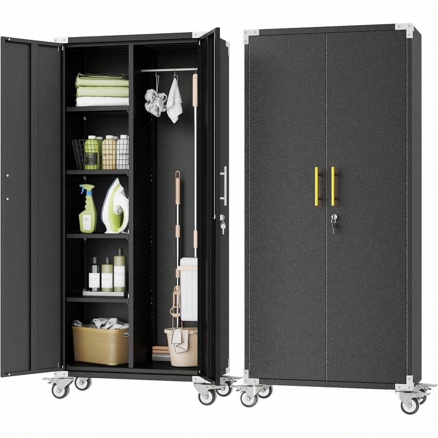 Broom Closet Garage Storage Cabinet With Wheels, 71" Metal Cleaning Cabinets With Hooks And Hanging Rods, Tall Freestanding Lockable Tool Variant 1 - None - View 1