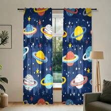 2pcs Watercolor Cartoon Planet Curtains, Solar System Galaxy Theme, Room Decor Curtains, Rod Pocket Design, Semi-Transparent Polyester Material, Suitable For Living Room, Kitchen, Bedroom And Other Places - Multicolor - View 2