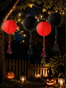 4/1 Set Halloween Black Paper Lanterns With Tassels, Black Paper Lanterns, Halloween Hanging Paper Lantern Set, Suitable For Indoor And Outdoor Halloween Party, Yard Trees, Porch, Ceiling Decoration Paper Lanterns - Multiple Styles - View 1