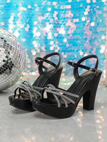 Women's Shiny Rhinestone Strap Thick Sole Chunky Heel Sandals, Cross Rhinestone Buckle High Heels For Party And Wedding - Black - View 6