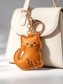 Brown/Beige 2 Colors Optional, Cute PU Leather Cat Keychain, Cartoon Novelty Cat Bag Charm, Women's Car Key Accessory, Fun Gift For Family And Friends - Multicolor - View 6