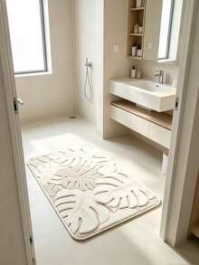 Cream Monstera Leaf Bathroom Rug, Minimalist Cream Style Non-Slip Bathroom Mat, Fluffy Soft Plush, Comfortable Foot Feel Faux Cashmere Soft Mat, Non-Slip Bottom, Versatile Soft Door Mat, Makeup Mat, Cozy Entryway Mat, Bathroom Bath Mat, Bathtub Mat, Home Bedroom, Window Sill Mat, Bedside Rug, Washing Machine Mat, Machine Washable. Note: There May Be Creases During Packaging And Shipping, The Product Is Printed With A White Bottom, Short Plush, Please Consider Carefully Before Purchasing. - Apricot - View 3