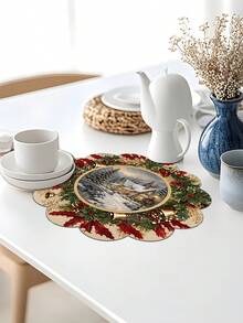 2/4/600入聖誕派對圓形餐墊－雪景、木屋、冬青與一品紅花環、金色鈴鐺；13.78英吋亞麻材質；防滑、耐熱且可機洗 - 彩色 - 查看 6