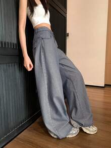 Women's American Retro Striped Fabric Loose Straight Wide Leg Denim Jeans, Blue Long - Blue - View 2