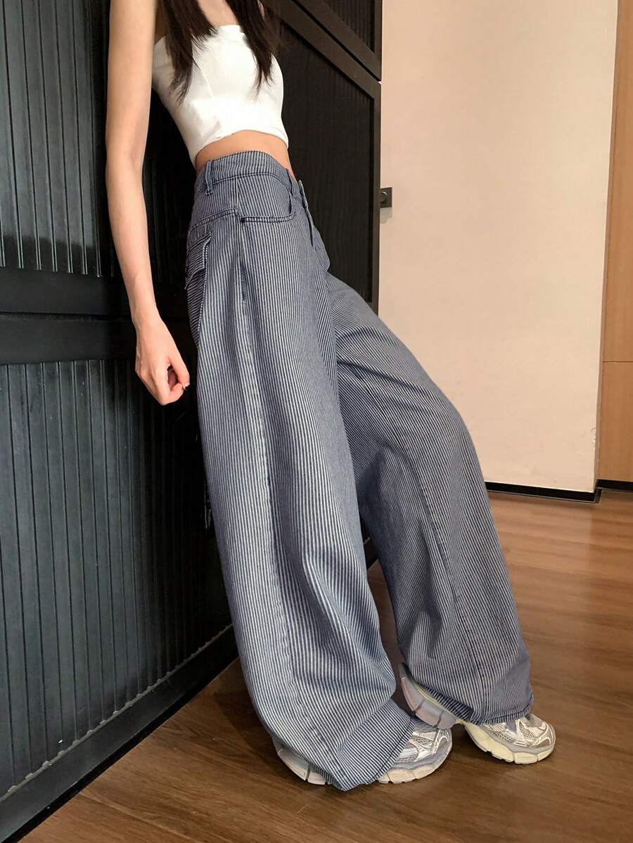 Women's American Retro Striped Fabric Loose Straight Wide Leg Denim Jeans, Blue Long