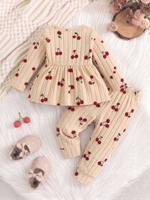 2pcs/Set Baby Girl Comfortable Cute Spring/Autumn New Ribbed Fuzzy Cherry Waist-Cinching Long Sleeve Top And Pants Set - Apricot - View 2