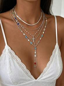 5pcs Multi-Layer Y-Shaped Chain Necklace Set, Fashion Minimalist Elegant Exquisite Vintage Design, Colorful Rhinestone Bling Bling Shiny Cross Pendant, Smooth Snake Bone Chain, Minimalist Plain Chain, Long Necklace, Holiday Vacation Party Date Gift, Daily Commute Wear - Silver - View 5