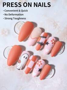 24pcs Almond Shaped Halloween Nails, Ghost, Bat, Spider Web, Pumpkin, Blood Drop, Vampire Design French Nails, Includes 1 Double Sided Tape 1 Nail File, Halloween - Multicolor - View 2