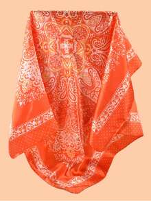 1pc Women's Large Floral Print Square Scarf, 90cm Oversized Satin Silky Feel Headscarf Neck Scarf - Orange - View 2
