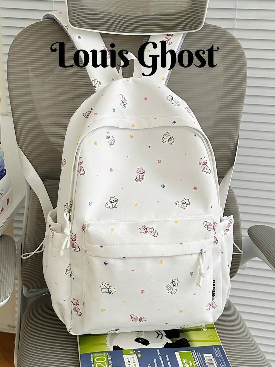 Cute Cat Print Backpack For Women, Large Capacity Student School Bag. Can Hold Textbooks, Insulated Cup, Folding Umbrella, Power Bank, Cosmetics. Suitable For Daily Classes, Library Study, Daily Commute, Moms Out With Kids, One Bag For All Occasions! No Accessories Included.