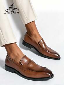 Salkin 奢华复古男士便士乐福鞋，优雅绅士社交真皮鞋，价格亲民，尽显高端质感，套脚设计，纯色，柔软舒适，轻便休闲，适合日常穿着，简约商务正装鞋，适合搭配西装、办公、派对、婚礼、新郎装、宴会、约会、节日礼物，春秋季穿着皆宜。尺码偏小，建议选购大一码。 - 棕色 - 查看 11